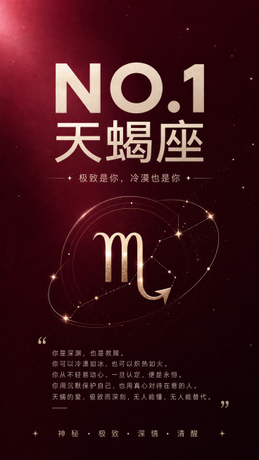 小红书图文卡片内容图，NO.1天蝎座，酒红色渐变背景，天蝎座星座符号，大标题文字"NO.1 天蝎座"，副标题"极致是你，冷漠也是你"，金句文案排版，简约星座主题图文设计，ins风干净排版预览效果