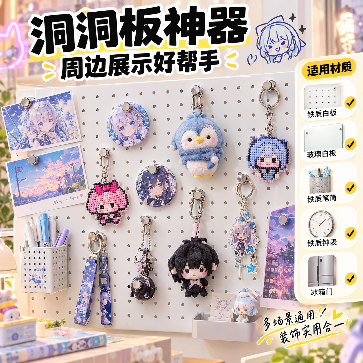 [主图-6] 适用材质展示与二次元洞洞板装饰场景 [统一基调]… - 图片创意预览