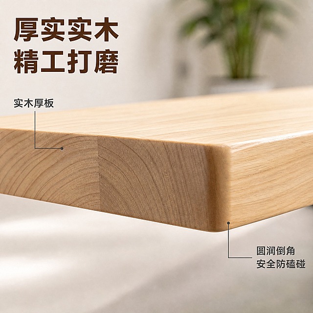 [主图-4] 桌面厚度与边缘工艺细节展示 实木桌面板做工细节。
[统一基调] 温馨居家生活感 高级材质透视 温馨暖调自然光 午后慵懒光斑 原木浅木色主调 白色墙面 浅灰色水泥地面 白色纱帘 绿植点缀 标题深木色 辅助文字深灰色 无衬线粗体标题 细体辅助文字 满版无边框。
[画面] 新西兰松桌面板的边角特写 低角度侧视 重点展示桌面板的厚度与圆角打磨工艺 清晰可见实木的横截面纹理 体现厚实的实木用料 边缘经过圆润打磨处理 光滑无毛刺 桌面与侧面的木纹连贯自然 证明是真实实木而非贴皮 背景为浅灰色地面的虚化 远处有绿植轮廓 桌板边角占画面约70%。
[光影质感] 商业摄影微距质感 侧光照射突出桌板厚度的立体感 圆角边缘有高光勾勒 横截面木纹细节清晰 光线沿厚度方向形成明暗过渡 体现实木的厚重质感。
[配色] 原木浅木色为主 横截面木纹深浅变化 浅灰色背景虚化 深木色标题 深灰色辅助文字。
[文字版式] 画面左上角放置主标题 深木色粗体大字「厚实实木 精工打磨」 用细线引线从文字指向桌板厚度处 标注「实木厚板」 另一引线指向圆角边缘 标注「圆润倒角 安全防磕碰」 引线文字为深灰色细体 文字不遮挡核心细节。
[输出要求] 1:1正方形比例 2K分辨率 细节清晰锐利 木纹真实 不变形不模糊 无水印无平台Logo 微距商业摄影级画质。