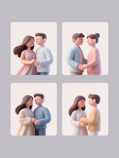 3D渲染风格的现代简约情侣插画，四个规整排布的场景，每个场景中是不同姿态和服饰的情侣，保持柔和的渐变色彩和圆润的造型设计，人物细节精致，如飘逸的长发、质感的服装褶皱、生动的互动姿态，纯色背景，无文字、无logo、无水印，整体画面干净整洁，充满温馨浪漫的氛围。预览效果