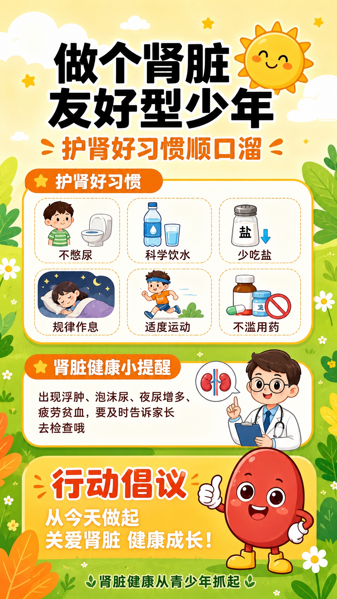 肾脏健康科普海报，竖版9:16，可爱卡通风格，青少年向。背景换… - 图片创意预览