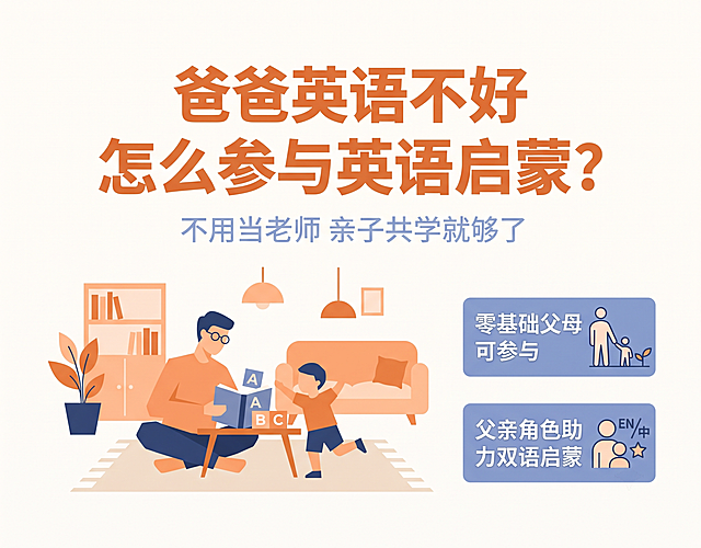 横版扁平风育儿干货封面图，适配今日头条信息流展示，精准尺寸1479像素宽、1152像素高。画面上半区为醒目主标题："爸爸英语不好 怎么参与英语启蒙？"，副标题小字标注："不用当老师 亲子共学就够了"；下半区用抽象几何剪影呈现爸爸陪孩子互动的居家场景，旁侧搭配两个核心信息标签："零基础父母可参与"、"父亲角色助力双语启蒙"，搭配简约线性图标强化认知。整体配色为暖橙加浅奶蓝的柔和撞色，背景为纯净浅米白色，无卡通人物、无真实人脸、无多余装饰，高清矢量质感，主标题在缩略图状态下清晰醒目，直击家庭启蒙普遍痛点，契合平台推荐流传播调性