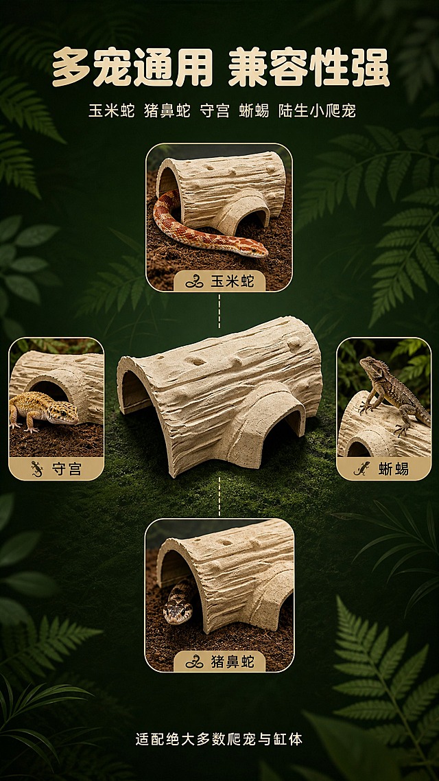 [商品] 使用【图2】原森枯木款躲避屋为中心产品；保留原木色和所有结构细节；产品位于画面中心。
[画面] 页面目标：多宠适配页，展示产品兼容玉米蛇、猪鼻蛇、守宫、蜥蜴等多种陆生小爬宠，体现兼容性强的卖点。构图：竖版9:16，中心为原森枯木款躲避屋，周围环绕四个圆角画中画卡片，呈十字形分布：上方玉米蛇、下方猪鼻蛇、左侧守宫、右侧蜥蜴，每个画中画展示对应爬宠在躲避屋旁或洞口的自然状态小图。背景为深森林绿渐变，有微弱的叶片纹理装饰。整体布局平衡，信息清晰。
[视觉] 套系策略：风格=高级自然森系商业摄影；标题字=圆润无衬线粗体；正文字=简洁圆润无衬线体；主色=深森林绿；背景延展=深森林绿渐变、叶片纹理装饰；强调色=原木暖棕色；标题色=米白色；正文色=浅米色；组件=圆角画中画卡片、细连接线、爬宠图标；光影=中心产品柔和主光，画中画卡片各自保持自然光影。
[文字] 顶部主标题："多宠通用 兼容性强"，副标题："玉米蛇 猪鼻蛇 守宫 蜥蜴 陆生小爬宠"。四个画中画卡片分别标注："玉米蛇"、"猪鼻蛇"、"守宫"、"蜥蜴"。底部小字："适配绝大多数爬宠与缸体"。文字全部横排。
[规格] 图片比例9:16竖版，4K，避免变形、错字、文字过小、爬宠形态畸形、产品颜色改变、水印、极限词。