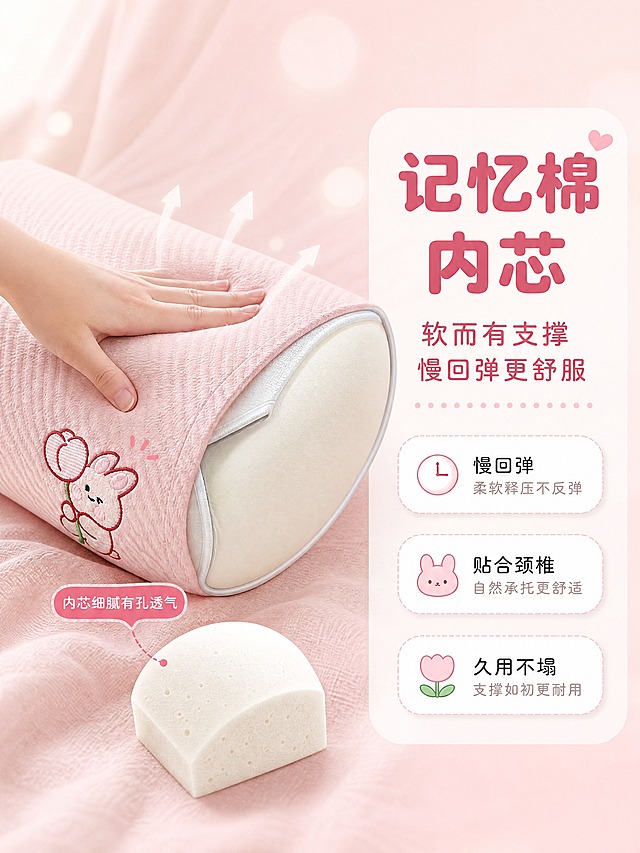 [商品] 使用【图4】粉色圆柱护颈枕（展示枕身面料）；商品处理：保留粉色华夫格面料纹理、白色包边；展示记忆棉内芯按压回弹效果，面料自然掀开一角露出白色记忆棉内芯，不改变产品外观结构。
[画面] 目标：突出记忆棉内芯的柔软支撑与慢回弹特性。构图：左图右文，左侧占60%展示手按压枕头后慢回弹的动态瞬间，有轻微凹陷正在恢复的形态，旁边放一小块切开的记忆棉内芯展示孔洞结构；右侧40%留白放文案。背景是浅粉色渐变+柔焦光斑。
[视觉] 套系策略：风格=软萌治愈系商业摄影；标题字=圆润粗黑体（圆角无衬线）；正文字=可爱圆体；主色=马卡龙樱花粉；背景延展=基于樱花粉做深浅渐变、同色系柔焦和细腻织物/纱幔质感；强调色=草莓粉，仅用于小面积图标、引线和标签；标题色=深莓粉；正文色=暖粉灰；组件=圆角白底信息卡、虚线引线、圆点装饰；光影=左前侧柔暖漫射光，整体明亮通透。
[文字] 右侧主标题「记忆棉内芯」，副标题「软而有支撑 慢回弹更舒服」，下方3个卖点：慢回弹 / 贴合颈椎 / 久用不塌；配可爱小图标。
[规格] 图片比例3:4竖版，4K分辨率，负向提示：避免变形、错字、文字过小、冷蓝背景、内芯颜色发黄、面料纹理模糊。