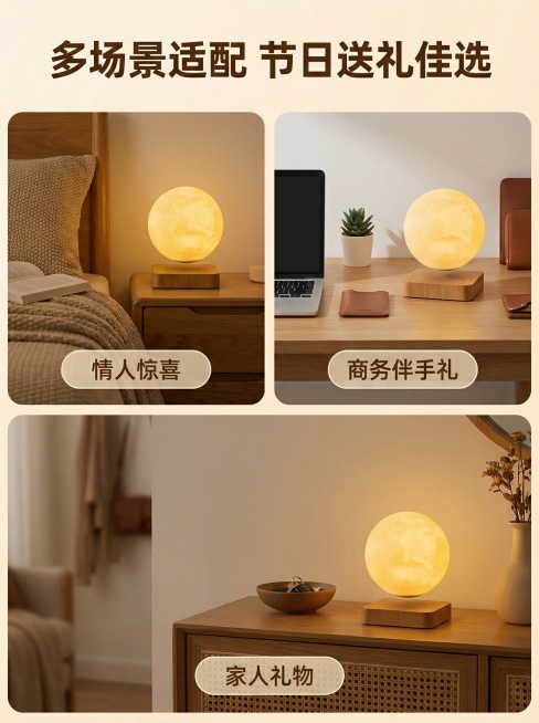 [主图 4] 悬浮满月夜灯多场景送礼展示
[氛围/风格] 整体风格、光影、配色和前序主图保持统一，温馨氛围感
[画面元素] 使用三宫格拼图布局，每宫格分别展示夜灯在不同场景的效果：1. 卧室床头柜，2预览效果