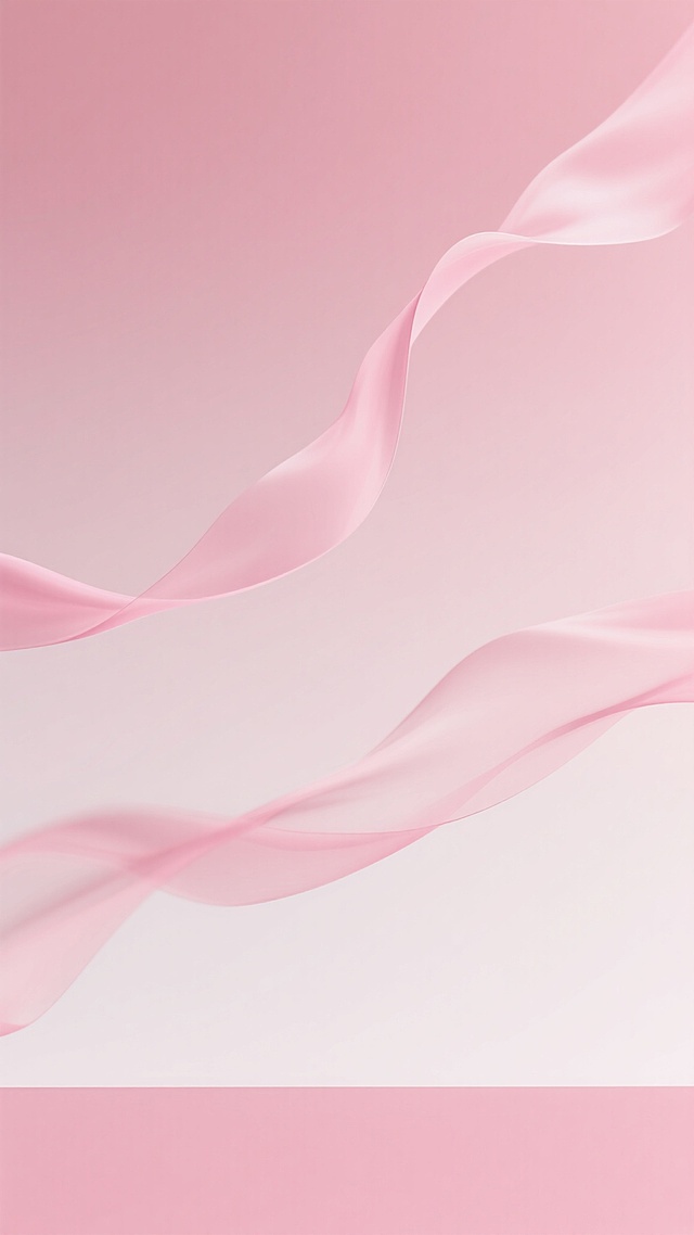 柔和渐变的粉色背景，由浅至深的粉白色调自然过渡，呈现出轻盈流动的视觉效果。画面中分布着几缕不规则的粉色彩带，如同丝绸般飘逸舒展，边缘模糊柔和。底部有一条水平的浅粉色色块，增添了层次感。整体氛围温馨浪漫，色调统一和谐，光线柔和均匀，营造出宁静舒适的背景意境，适合作为简洁优雅的背景使用。