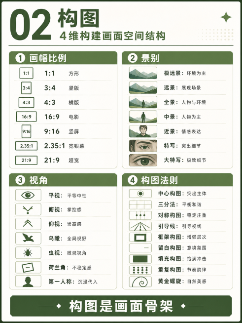02 构图
副标题：4 维构建画面空间结构
①画幅比例
1:1 方形、3:4 竖版、4:3 横版、16:9 电影、9:16 竖屏、2.35:1 宽银幕、21:9 超宽
②景别
极远景：环境为主
远景：预览效果
