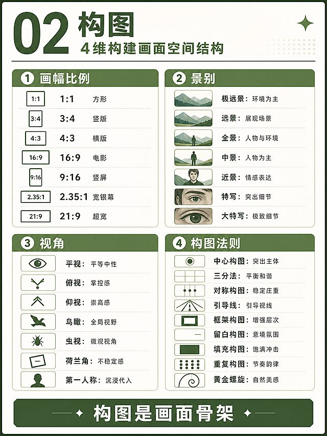 02 构图
副标题：4 维构建画面空间结构
①画幅比例
1:1 方形、3:4 竖版、4:3 横版、16:9 电影、9:16 竖屏、2.35:1 宽银幕、21:9 超宽
②景别
极远景：环境为主
远景：展现场景
全景：人物与环境
中景：人物为主
近景：情感表达
特写：突出细节
大特写：极致细节
③视角
平视：平等中性
俯视：掌控感
仰视：崇高感
鸟瞰：全局视野
虫视：微观视角
荷兰角：不稳定感
第一人称：沉浸代入
④构图法则
中心构图：突出主体
三分法：平衡和谐
对称构图：稳定庄重
引导线：引导视线
框架构图：增强层次
留白构图：意境氛围
填充构图：饱满冲击
重复构图：节奏韵律
黄金螺旋：自然美感
底部标语
构图是画面骨架