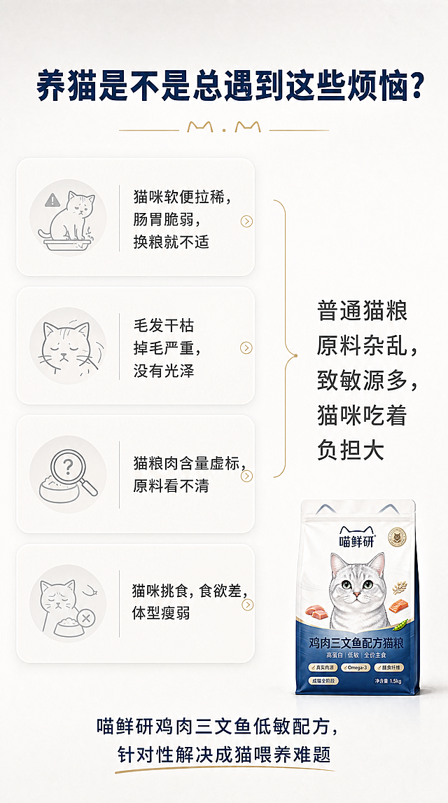 [商品] 本屏为痛点挖掘信息页，产品图作辅助小图展示；使用【图1】喵鲜研猫粮包装袋缩略图置于底部右侧，保留包装核心识别元素，尺寸较小不抢主体。
[画面] 痛点挖掘屏，戳中养猫人群焦虑，建立共鸣；浅灰白干净底色，左右分栏布局（左6右4）；左侧4个痛点卡片纵向排列，每个卡片配简约浅灰色小图标；右侧大留白配总结文案；画面层次：背景浅灰白→中层卡片/图标→前景文字，≥3层信息层级。
[视觉] 套系策略：风格=干净高级自然轻奢商业摄影风，写实柔和；标题字=现代无衬线粗体（思源黑体类）；正文字=简洁无衬线体；主色=深海蓝+米白+浅金；背景延展=浅灰白渐变底，细腻纸张质感；强调色=浅金色，仅用于小面积图标、引线和装饰；标题色=深海蓝；正文色=中深灰；组件=浅灰色圆角卡片、细金线点缀、简约线性图标；光影=均匀柔光，无强烈阴影，整体干净明亮。
[文字] 顶部居中大标题（深海蓝粗体）：「养猫是不是总遇到这些烦恼？」；左侧4个痛点卡片，每个卡片含图标+文案：1.「猫咪软便拉稀，肠胃脆弱，换粮就不适」2.「毛发干枯掉毛严重，没有光泽」3.「猫粮肉含量虚标，原料看不清」4.「猫咪挑食，食欲差，体型瘦弱」；右侧总结文案（深灰色）：「普通猫粮原料杂乱，致敏源多，猫咪吃着负担大」；底部过渡句（深海蓝+浅金下划线）：「喵鲜研鸡肉三文鱼低敏配方，针对性解决成猫喂养难题」；所有文字横排，字号适中，手机端清晰可读。
[规格] 图片比例9:16竖版（750×1334），分辨率4K，负向提示：避免负面灰暗色调、卡通夸张表情、文字竖排、文字过小、错字、杂乱装饰。