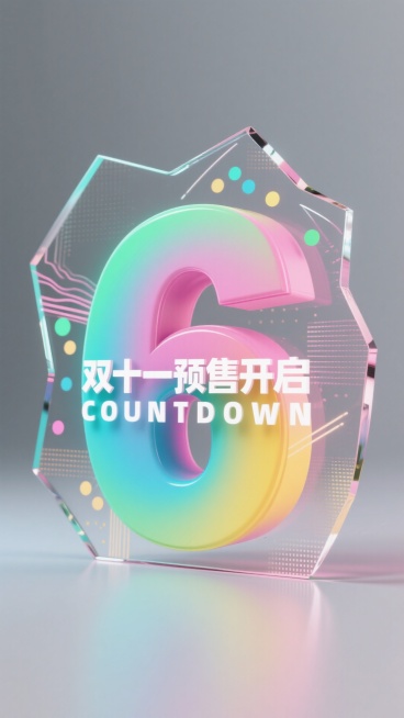 巨型粉蓝绿黄循环渐变数字 “6”，2d效果，数字上覆盖一片不规则毛玻璃，有“双十一预售开启 COUNTDOWN"字样，背景为灰色海报，融入不规则炫光、线条，乱码、波点等元素，整体营造紧迫的促销倒计时氛预览效果