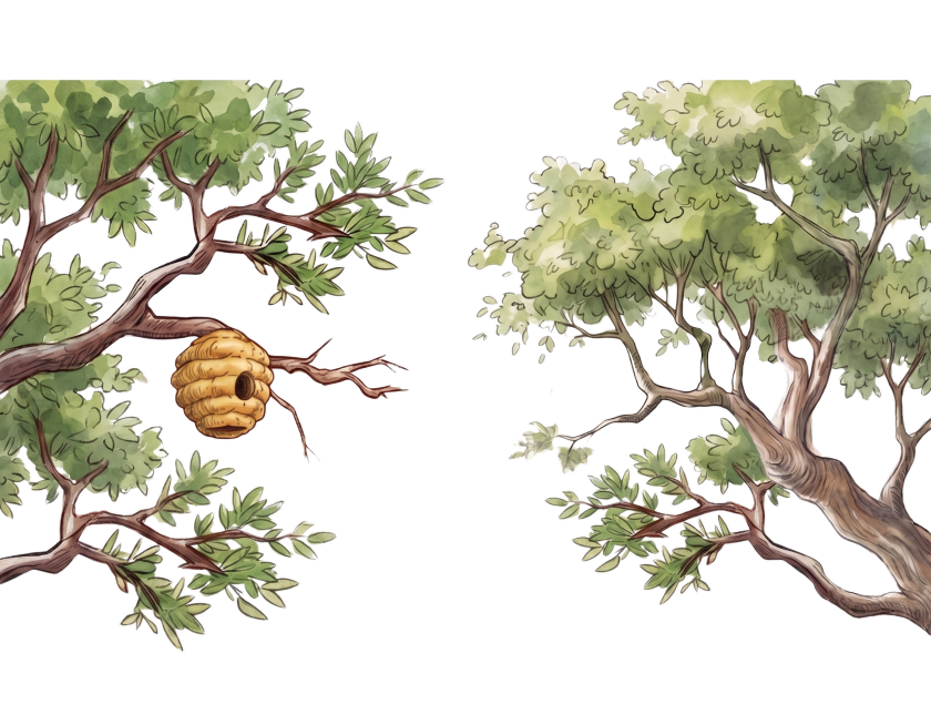 基于原图，左右两侧补充完整的手绘树枝和树叶，保持水彩手绘风格，左右两边的树木和树叶不重合，延续原有画面风格，左侧树枝延伸出完整枝叶，右侧树干延伸出完整枝叶，自然衔接现有画面，保留原图中的蜂巢、两只蝴蝶预览效果