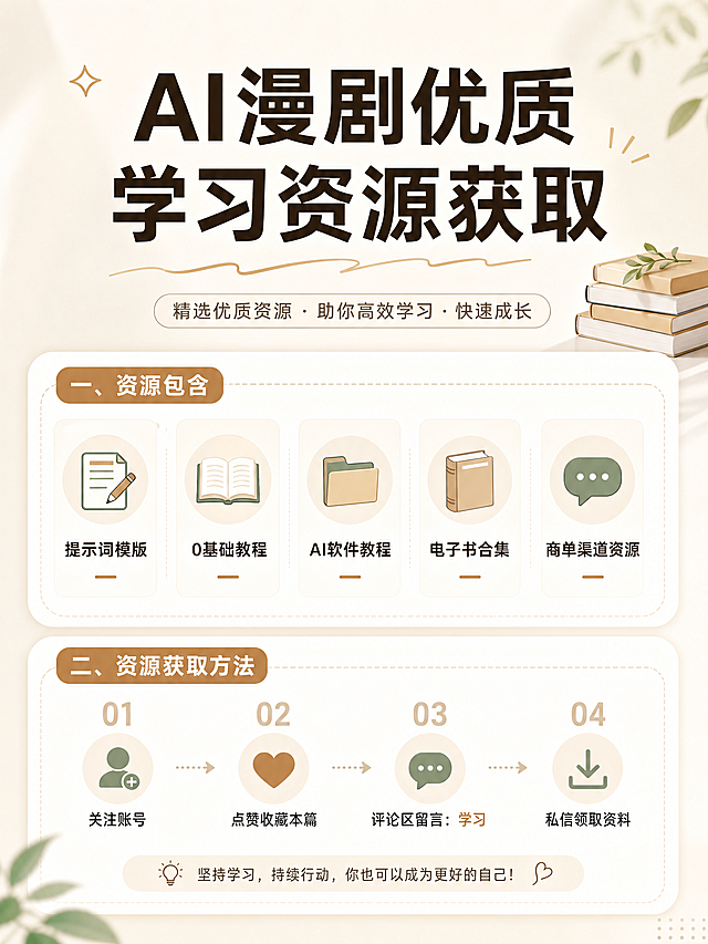 小红书图文海报，暖米色简约干净背景，主标题是"AI漫剧优质学习资源获取"，正文介绍提示词模版、0基础教程、AI软件教程、电子书合集、商单渠道资源，列出资源获取方法，文字清晰无错别字，整体风格和参考图一致，竖版3:4构图，适合小红书发布