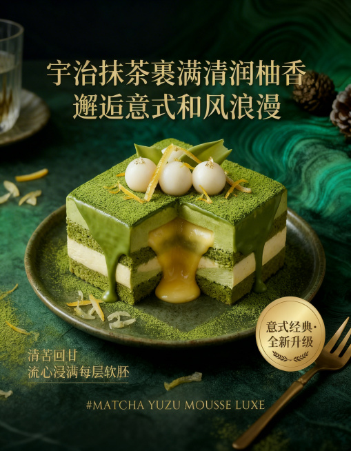 中心特写双层抹茶柚子慕斯蛋糕，蛋糕为宇治抹茶胚搭配柚子流心夹心，顶部撒抹茶粉，装饰白玉丸子与糖渍柚子皮，有抹茶白巧酱亮泽流心效果，放置在墨绿渐变暗纹背景上，背景散落柚子果肉丝与抹茶粉装饰，整体为轻奢意预览效果