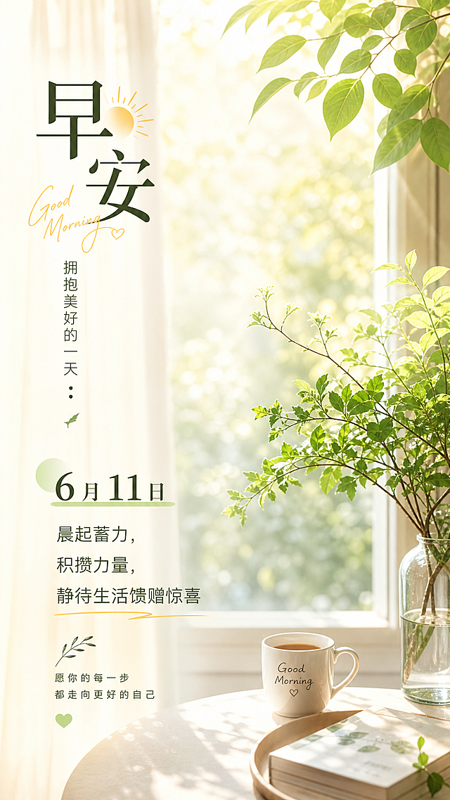 六月份早安日签海报，6月11日，画面中有柔和朝阳绿植背景，整体温馨治愈风格，配文"6月11日 晨起蓄力，积攒力量，静待生活馈赠惊喜"