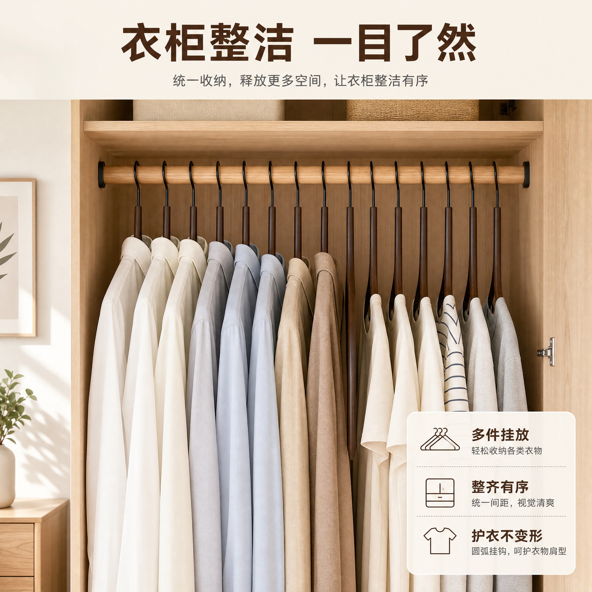 [主图-4] 适用场景与收纳方案图，展示衣架在衣柜中的多件挂放… - 图片创意预览