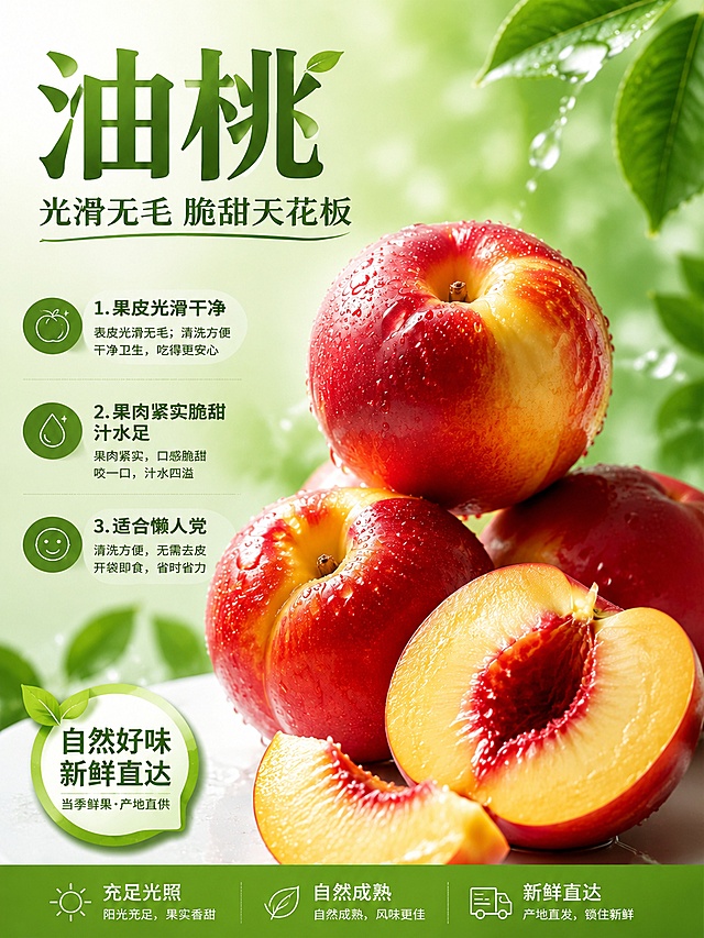 写实商业摄影风格，小红书封面尺寸3:4油桃单品种草海报，保留原海报全部文案和构图，版式精美。主标题"油桃"，副标题"光滑无毛 脆甜天花板"，卖点：1.果皮光滑干净，表皮光滑无毛，清洗方便干净卫生，吃得更安心；2.果肉紧实脆甜汁水足，果肉紧实，口感脆甜，咬一口，汁水四溢；3.适合懒人党，清洗方便，无需去皮，开袋即食，省时省力。画面中心展示新鲜完整油桃和切片油桃，背景是清新淡绿色渐变，点缀新鲜绿叶和水珠，营造新鲜生鲜食欲感，信息分区清晰，文字清晰可读，整体风格清爽干净，保留底部宣传信息"充足光照 阳光充足，果实香甜；自然成熟 自然成熟，风味更佳；新鲜直达 产地直发，锁住新鲜"，左下角保留"自然好味 新鲜直达 当季鲜果产地直供"徽章。