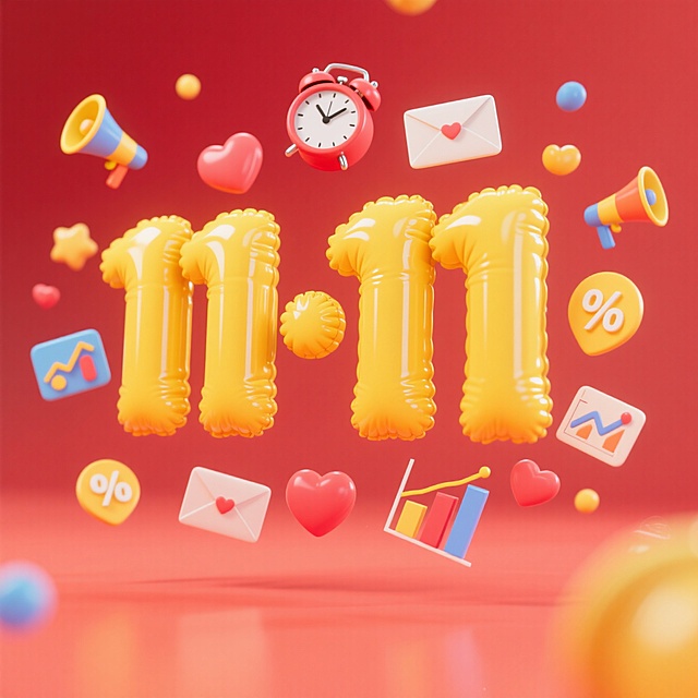 一个促销感的黄色“11·11”造型，漂浮着喇叭、时钟、信封、爱心、数据图表、折扣标识等彩色装饰元素，周围小元素呈径向分布，前景干净，背景为红色