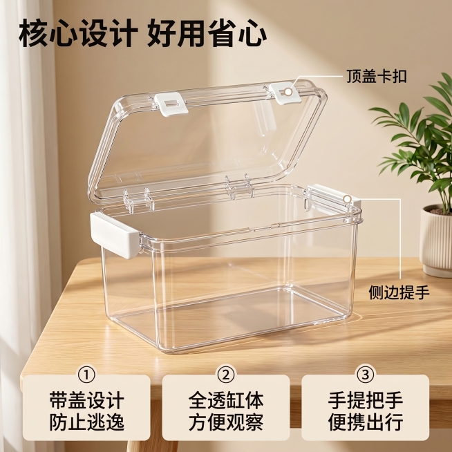 [主图 2] 便携式手提乌龟缸核心卖点展示图。
[氛围风格] 温馨舒适家居治愈风，和第一张主图风格光影统一
[画质] 商业摄影质感、光线柔和通透、产品清晰真实、画面干净高级
[元素] 开盖状态的透明乌预览效果