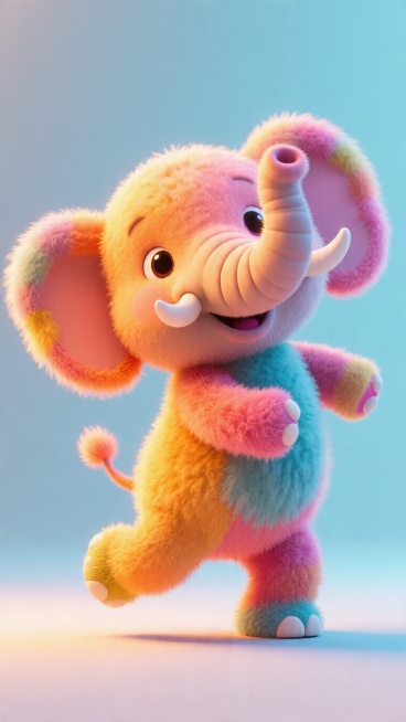 一只毛绒大象在跳舞，3D毛绒可爱风格，画面生动活泼预览效果