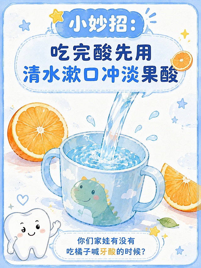 3:4竖版口腔护理科普插画，统一浅天蓝圆角外边框，延续参考图片软萌水彩卡通手绘风格，柔和马卡龙蓝白主色调，干净明亮低饱和配色，暖柔和自然光，温柔卡通手绘，画面主体为卡通儿童漱口杯+清水水流特写，搭配橘子切片小图案，上方圆润圆体标题文字：小妙招：吃完酸先用清水漱口冲淡果酸，底部小字互动文案：你们家娃有没有吃橘子喊牙酸的时候？角落绘制微笑卡通牙齿图案，留白充足，柔和干净配色，适合母婴小红书科普，分层清晰圆角文字框，高清细腻儿童科普风，无错别字