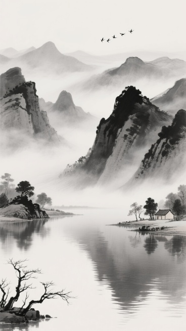 中国水墨画风格的山水背景，以黑白灰三色为基调，远山以淡墨渲染出层叠朦胧的意境，近山则用浓墨勾勒出山石的轮廓与纹理，山间云雾缭绕，呈现出虚实相生的层次感。平静的湖面倒映着山峦，水面微波荡漾，用细腻的笔触表现出水的灵动。左下角有几株疏朗的枯树枝桠，右侧湖岸点缀着几丛低矮的树木和茅屋，天空中有一行飞鸟呈人字形排列，整体画面构图悠远空灵，营造出宁静淡泊、超然物外的东方禅意氛围。预览效果