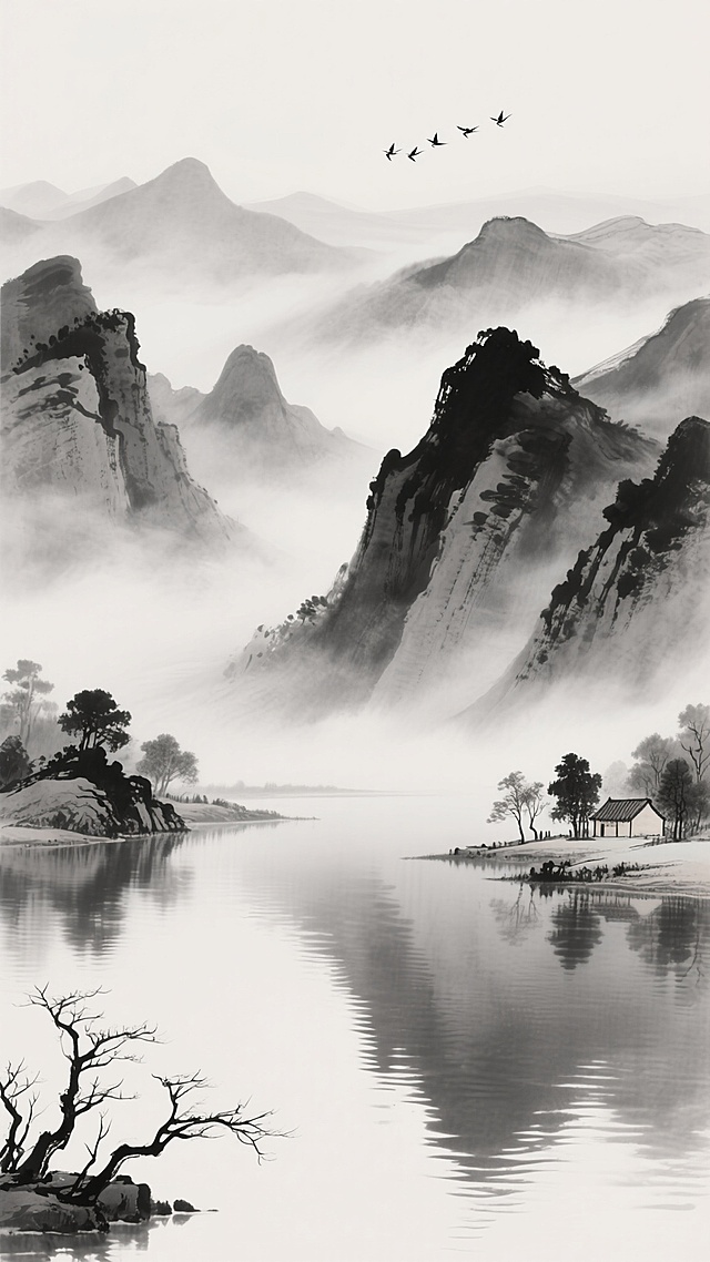 中国水墨画风格的山水背景，以黑白灰三色为基调，远山以淡墨渲染出层叠朦胧的意境，近山则用浓墨勾勒出山石的轮廓与纹理，山间云雾缭绕，呈现出虚实相生的层次感。平静的湖面倒映着山峦，水面微波荡漾，用细腻的笔触表现出水的灵动。左下角有几株疏朗的枯树枝桠，右侧湖岸点缀着几丛低矮的树木和茅屋，天空中有一行飞鸟呈人字形排列，整体画面构图悠远空灵，营造出宁静淡泊、超然物外的东方禅意氛围。