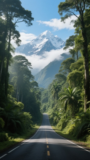 一条蜿蜒的沥青公路延伸至远方，两旁是茂密的热带雨林，高耸的树木枝叶繁茂，阳光透过树叶洒下斑驳的光影，远处是巍峨的雪山，山顶覆盖着皑皑白雪，云雾缭绕其间，天空湛蓝，飘着几朵白云，整体画面呈现出一种宁静而神秘的氛围。预览效果