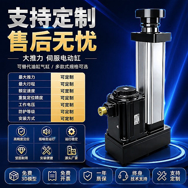 基于参考图的版式和文字内容，使用提供的伺服电动缸商品图，生成一张1:1比例的淘宝天猫电商主图。保留参考图中所有文字内容，改变背景颜色为藏蓝色渐变商务背景，文字和商品图位置可重新排版优化，细节可微变，整体风格大气醒目、吸引眼球，突出支持定制售后无忧的卖点。