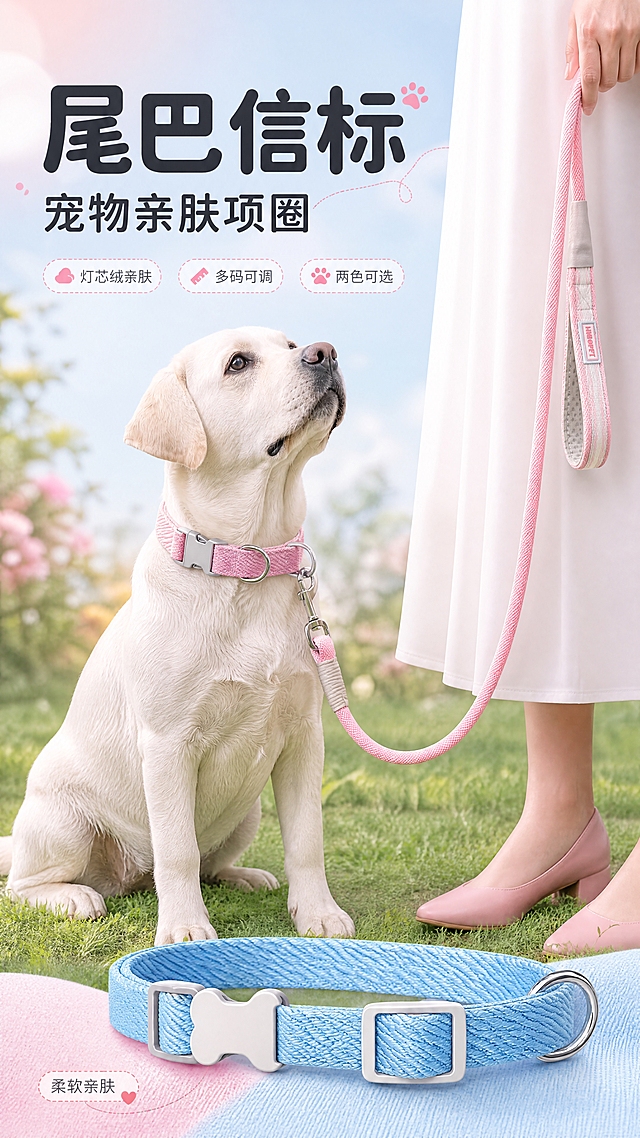 [商品] 使用【图5】粉色和蓝色宠物项圈；保留灯芯绒斜纹面料、骨头形灰白插扣、白色日字调节扣、银色金属D环、内侧灰色织带的结构和颜色；商品处理：自然理顺面料纹理，增强灯芯绒肌理质感和金属D环光泽，不改变版型和结构。
[画面] 目标营造户外出行氛围感，画面中部一只米白色拉布拉多犬坐在绿色草地上佩戴粉色项圈，右侧人物下半身（白色长裙）手持同色系牵引绳，狗狗抬头望向主人方向；画面下方产品悬浮展示蓝色款；前景草地、中景狗狗与人物腿部、远景虚化树木和花丛；产品占画面约35%，人物+狗狗占约50%。
[视觉] 套系策略：风格=简约清新马卡龙风商业摄影；标题字=圆润粗黑体；正文字=简洁无衬线体；主色=浅粉蓝马卡龙色系；背景延展=基于浅粉/浅蓝做同色渐变、柔和光斑、细腻织物质感；强调色=暖粉色，仅用于小面积图标、引线、标签；标题色=深炭灰；正文色=中暖灰；组件=圆角浅底信息卡、细线引线、软萌圆点点缀；光影=左前侧暖柔光，柔和自然阴影。
[文字] 左上区域主标题"尾巴信标"，副标题"宠物亲肤项圈"，下方3个圆角小标签卖点："灯芯绒亲肤"、"多码可调"、"两色可选"；文字不遮挡狗狗脸部和项圈主体。
[规格] 图片比例9:16竖版，4K分辨率，避免变形、错字、文字过小、项圈颜色改变、结构失真、狗狗品种不符。