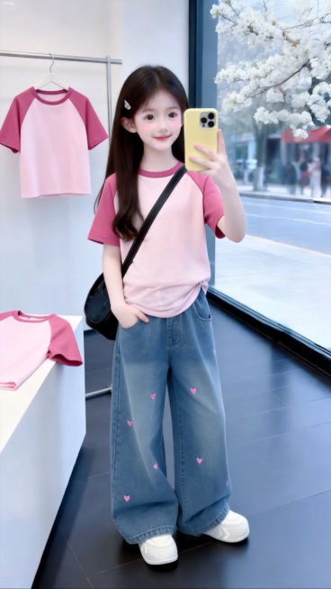 用图1短袖和牛仔裤替换掉图2的模特身上穿的衣服裤子和旁边桌子是折叠的衣服以及后面衣架上挂着的衣服，保留原场景光影，保持图2的人物的五官和发饰不变，姿势不变，背景不变，图片宽高尺寸不变，保持图1的短袖预览效果