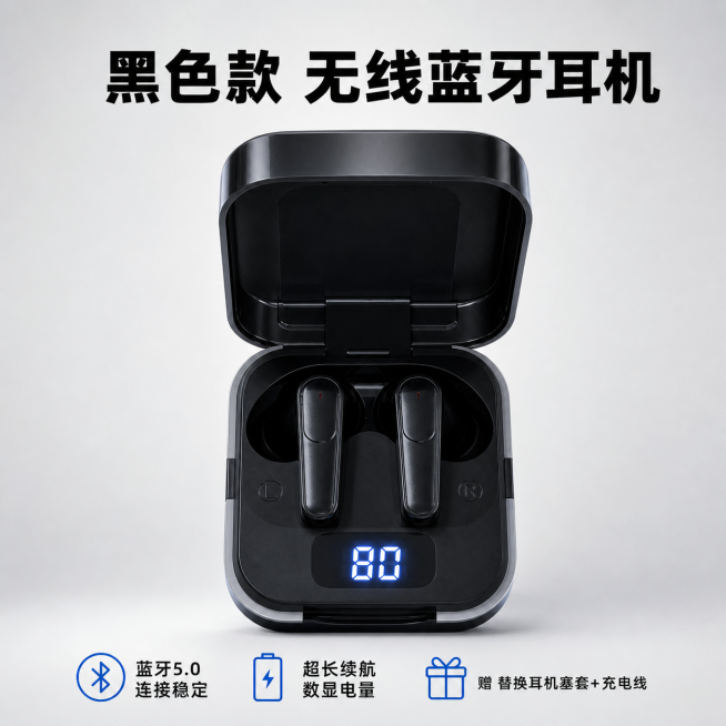 [主图-5] 蓝牙耳机套餐与规格承诺展示，最终转化主图。
[氛围风格] 规格清晰，服务可信，整体干净专业。
[画质] 商业摄影质感，清晰干净，信息明确。
[元素] 黑色蓝牙耳机产品主体居中展示，充电盒预览效果