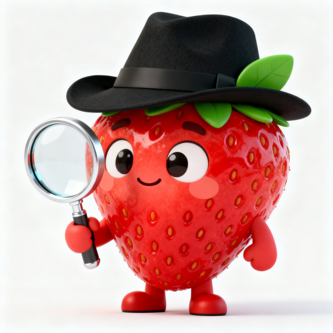 Q版卡通风格，拟人化的草莓形象，戴着侦探帽，拿着放大镜，侦探风格，白色背景预览效果