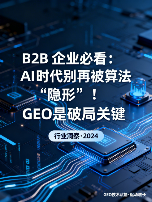 一张B2B行业科技海报，主标题文字为"B2B 企业必看：AI 时代别再被算法 “隐形”！GEO 才是破局关键"，科技商务风格，深蓝色调，现代简约设计，突出主题文字，AI科技感背景预览效果
