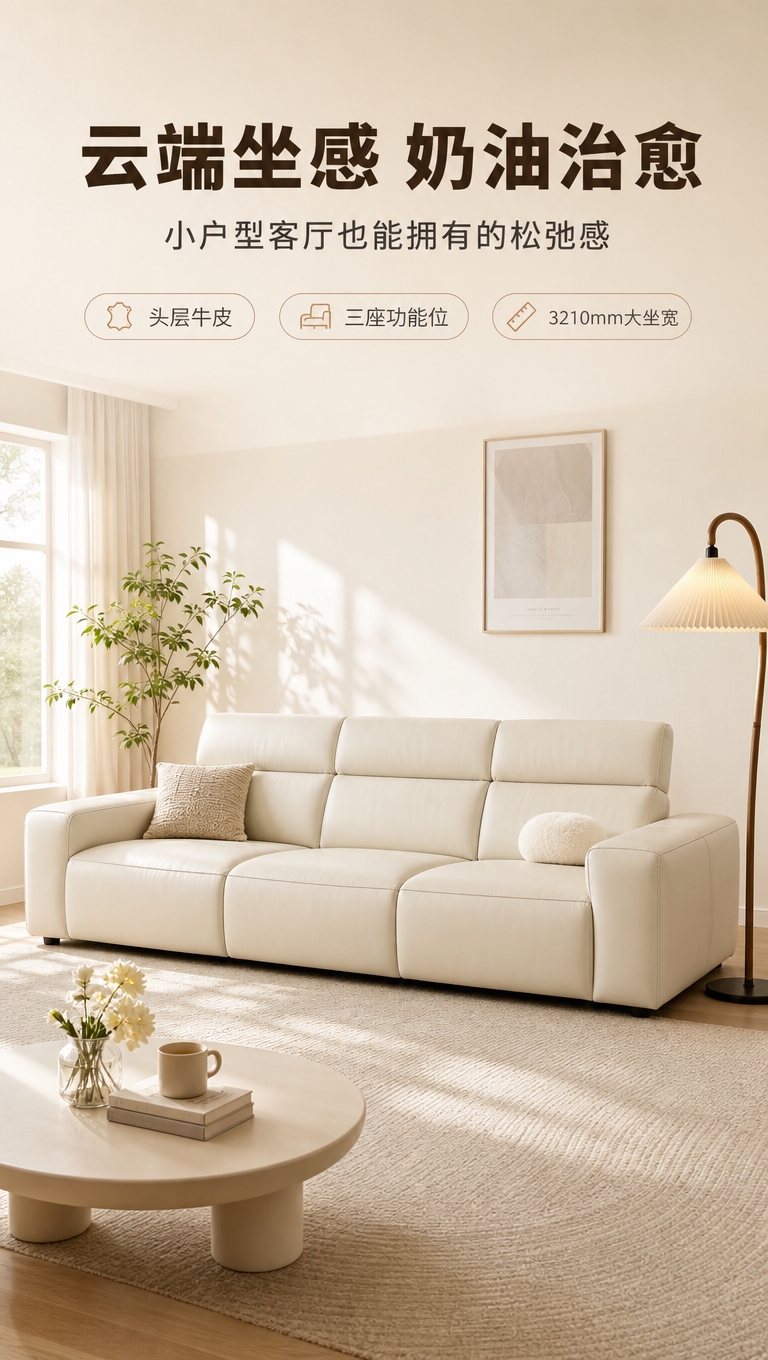 [商品] 使用【图1】米白色皮质三人位功能沙发；保留三座独立坐… - 图片创意预览