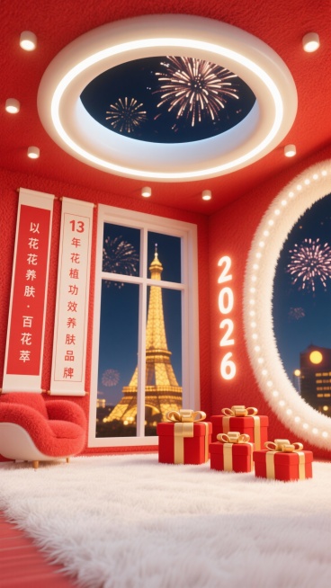 帮我生产类似十张，这是采用Soft3D可爱软萌3D风格打造的室内场景，以低视角仰拍的构图呈现，空间内墙面与天花板均覆盖红色毛绒材质，地面铺着蓬松的白色长毛绒地毯；左侧墙面悬挂两幅红色竖幅卷轴，印有白色预览效果