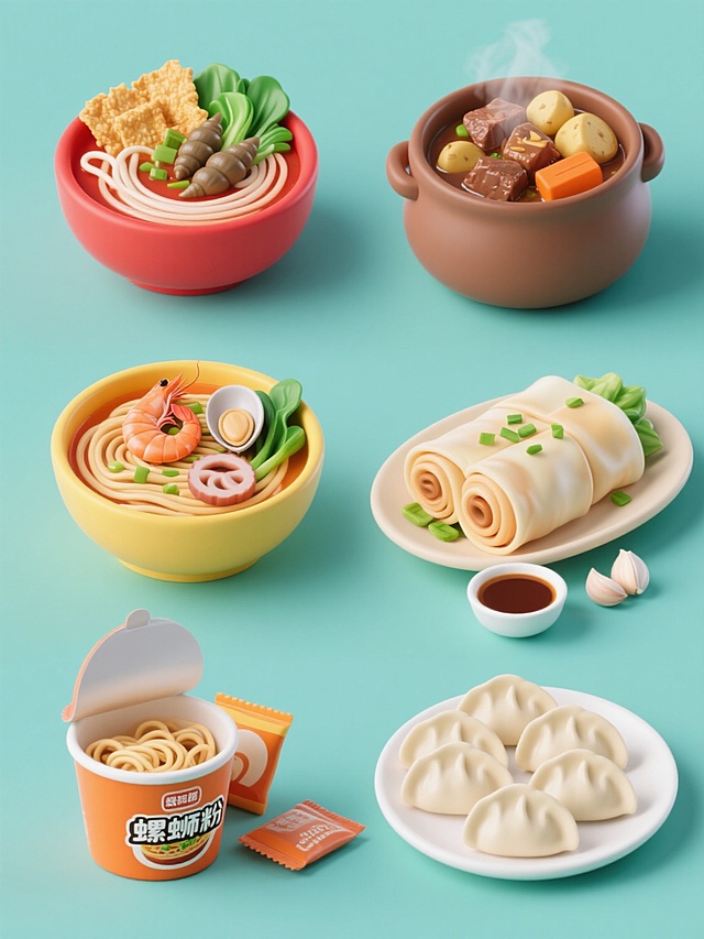 纯色背景下，六个软3D风格美食元素规整排布的系列素材集合。每个元素保持圆润柔和的3D建模质感，具有轻微的高光和阴影以体现立体感，色彩鲜艳明快且各不相同。从左到右、从上到下分别为：红色汤底的螺蛳粉，内含米粉、酸笋、炸腐竹、青菜和螺蛳；棕色砂锅，锅中盛满热气腾腾的炖菜，有肉块、土豆和胡萝卜；黄色汤底的海鲜面，面条上摆放着虾、蛤蜊、鱿鱼圈和青菜；米色肠粉，卷起的肠粉上点缀着豉油和葱花，旁边放有一小碟酱汁；橙色包装的泡面，泡面桶打开，面条、蔬菜包和调料包元素清晰可见；白色水饺，数个饱满的水饺整齐排列，旁边配有醋碟和蒜蓉。整体设计简洁大方，每个美食元素细节丰富，风格统一，适合作为餐饮系列宣传素材。