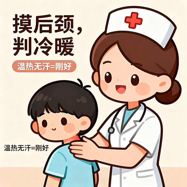 护士长卡通形象，温柔地抚摸孩子的后颈，孩子表情乖巧可爱，画面旁配有文字"摸后颈，判冷暖"，下方有小字标注"温热无汗=刚好"，整体风格温馨治愈，直观易懂