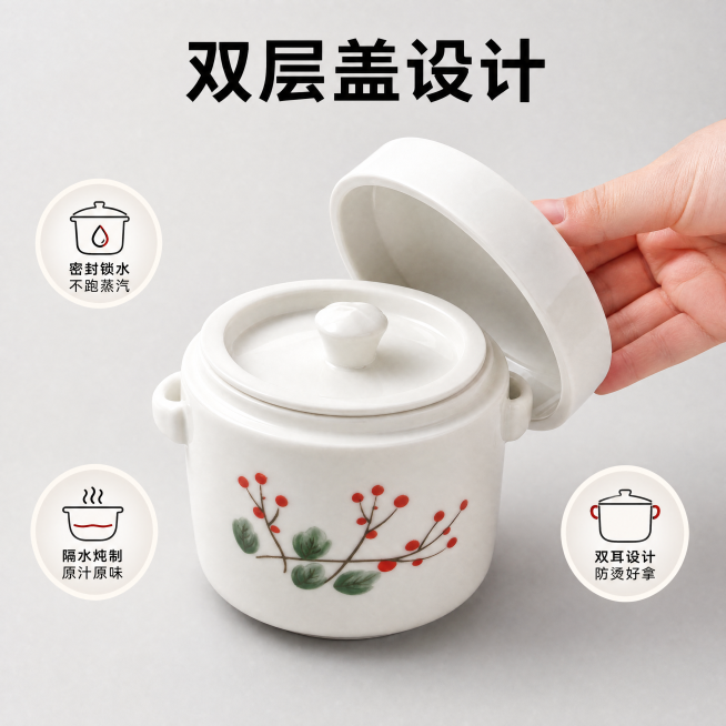 「图片1」，生成一套主图（10张），拼多多平台，主图比例为1:1陶瓷双盖炖盅隔水炖家用煲汤炖汤盅煲炖罐燕窝炖燕窝瓦罐煨汤尺寸带耳朵直径12cn高12.5红果天竹吉祥长寿款「图片1」「图片1」 尺寸预览效果