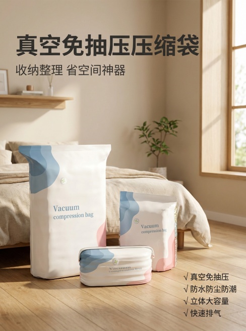 [主图 1] 真空压缩袋产品展示首图
[氛围/风格] 日式简约 家居治愈风 温馨居家生活感 暖调自然光
[画面元素] 保持原产品外观完全一致，三款不同尺寸的真空压缩袋居中摆放，背景为温馨干净的日式家居预览效果