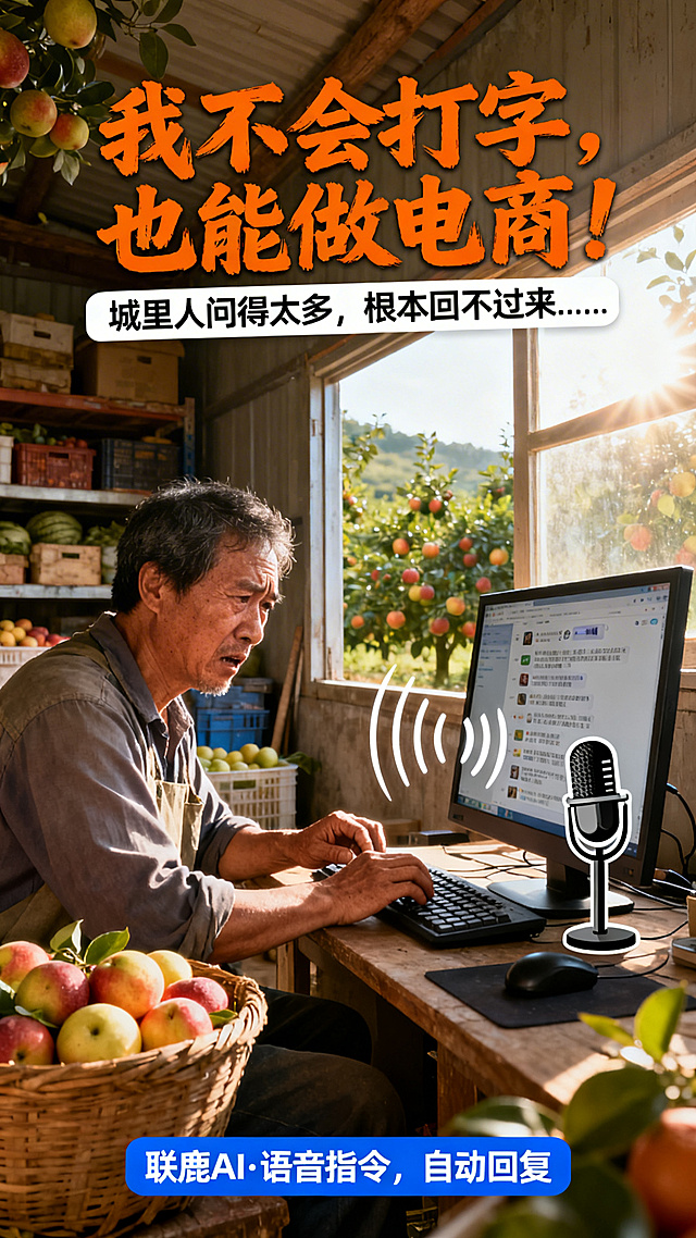 抖音封面，三农电商海报，尺寸1080x1920px，9:16比例。内容：质朴的农村场景，背景是果园农产品仓库，一位中年果农坐在电脑前，手指笨拙地在键盘上一指禅打字，表情焦急，电脑屏幕上显示大量未读消息，旁边放着一筐新鲜水果，形成好货卖不动的对比，阳光从窗外照进来，突出人物焦虑感。电脑屏幕旁有一个麦克风图标，声波纹路向屏幕内延伸，暗示语音转文字加AI回复的功能。文字排版：上方主标题“我不会打字，也能做电商！”（橙色，粗手写体），副标题“城里人问得太多，根本回不过来……”（白色），底部蓝色框文字“联鹿AI · 语音指令，自动回复”。