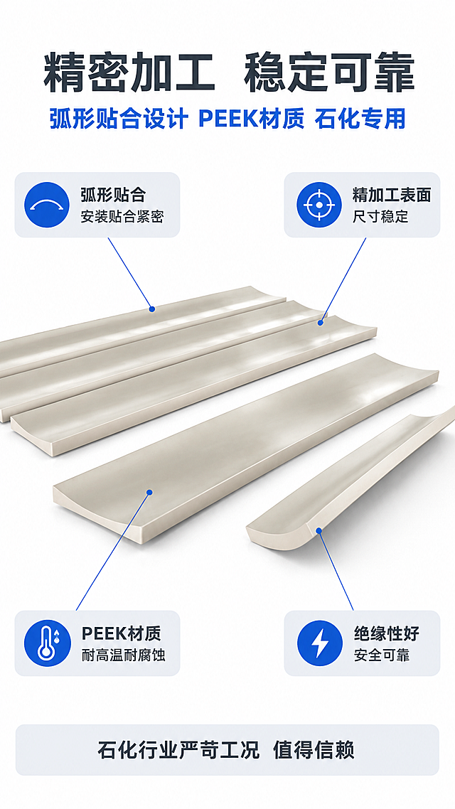 [商品] 使用【图2】PEEK隔离块产品；商品处理：100%保留长条弧形板状结构（浅U型/瓦片状弧度）、统一宽度、边缘倒角光滑、侧面垂直平整、米白乳白浅灰褐色PEEK主体、半哑光细腻致密表面质感、多块板材排列的原始状态、无孔无螺丝、材质颜色和比例；产品绝对不能变形错模，弧形弧度厚度边缘必须与原图完全一致。
[画面] 页面目标为结构材质与核心性能证明，展示PEEK隔离块的弧形贴合设计、精密加工和材质优势；构图为顶部标题区+中部产品主体+四周卖点卡；主体为多块PEEK隔离块并列与侧放组合展示，部分侧放清晰展示弧形截面和厚度，位于画面中心，主体占比约45%，微俯拍角度，展示弧面、侧面厚度和PEEK表面纹理；产品放置在纯白色背景上，有真实柔和接触阴影；四周分布4个圆角信息卡，用细线引线指向对应结构部位；背景为纯白色单一背景，干净明亮。
[视觉] 套系策略：风格=洁净专业工业风商业摄影；标题字=现代无衬线粗体硬朗；正文字=简洁无衬线体；主色=纯白；背景延展=纯白色单一背景、细腻哑光质感、柔和环境光；强调色=深蓝(#1A56DB)，仅用于小面积图标、引线、标签和局部光效；标题色=深炭灰；正文色=中灰；组件=圆角浅灰信息卡、细线引线、简约几何图标；光影=左前侧45度柔和自然光，PEEK表面高光清晰自然，弧面阴影柔和有层次，整体偏明亮洁净风格。
[文字] 顶部主标题"精密加工 稳定可靠"，粗体深炭灰色；副标题"弧形贴合设计 PEEK材质 石化专用"，深蓝色；左上信息卡"弧形贴合 安装贴合紧密"配图标；右上信息卡"精加工表面 尺寸稳定"配图标；左下信息卡"PEEK材质 耐高温耐腐蚀"配图标；右下信息卡"绝缘性好 安全可靠"配图标；底部通栏浅灰底条写"石化行业严苛工况 值得信赖"；文字全部横排，不遮挡产品主体关键结构。
[规格] 图片比例9:16竖版，2K，避免变形、错字、文字过小、产品错模、结构失真、颜色改变、悬浮感、边缘硬切、水印、平台Logo。