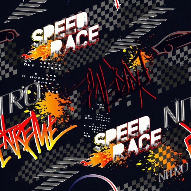 将这张speed race赛车涂鸦图案转化为清晰的矢量图，保留所有原有的设计元素：棋盘格背景、文字SPEED RACE、EXTREME涂鸦、火焰喷溅效果、汽车轮廓和黑白格赛道元素，保持原有的黑红橙黄配预览效果
