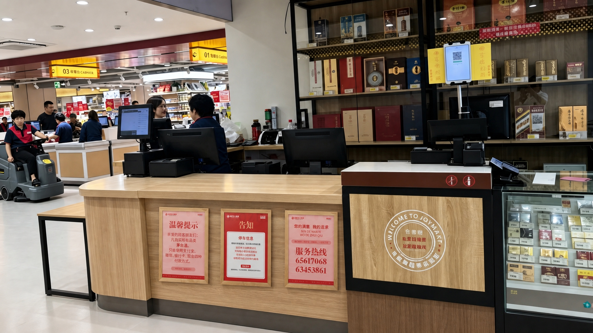 参考图1中三个告示牌在收银台立面上的摆放位置、透视角度和光影效… - 图片创意预览