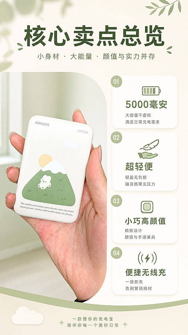 [第3屏] 核心卖点总览，使用原图1展示产品，左图右卡布局，卖点：5000毫安、超轻便、小巧高颜值、便捷无线充，浅米底绿色调，9:16，4K清晰