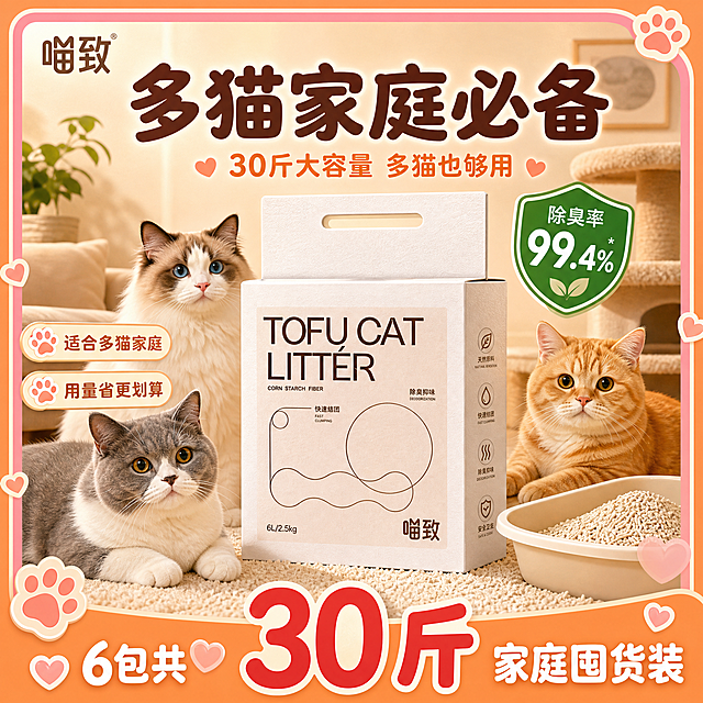 [主图-23 不带顺丰] 喵致豆腐混合猫砂 多猫家庭主图，带猫爪爱心边框设计。
[统一基调] 淘宝/天猫专业品质感，暖橙粉色系，外框暖橙色粗边+内框粉色细边，边框上有猫爪和爱心装饰，主标题圆润粗体，多猫家庭温馨感。
[画面] 画面中三只不同品种的猫咪（英短、布偶、橘猫）围绕在猫砂盆和产品周围，表情可爱。中心放置喵致猫砂产品大包装袋，旁边有猫砂盆。背景温馨居家客厅环境，暖色调。
[光影质感] 居家暖光摄影质感，光线柔和温暖，猫咪毛发蓬松，产品自然融入场景。
[配色] 主背景暖橙粉渐变，边框暖橙+粉色，标题深棕色和橙色，猫咪各色毛发，产品米白+棕色。
[文字版式] 顶部大标题："多猫家庭必备"深棕色圆润粗体。副标题："30斤大容量 多猫也够用"橙色小字。左上角"喵致"品牌Logo棕色字。猫咪旁小标签："适合多猫家庭""用量省更划算"。右上角绿色盾牌"除臭率99.4%"白字。底部通栏暖橙色底，"6包共"白字+超大红色"30斤"+"家庭囤货装"白字。边框点缀猫爪和小爱心。
[输出要求] 比例1:1，文字清晰无错字，猫咪可爱自然，无水印无平台Logo。