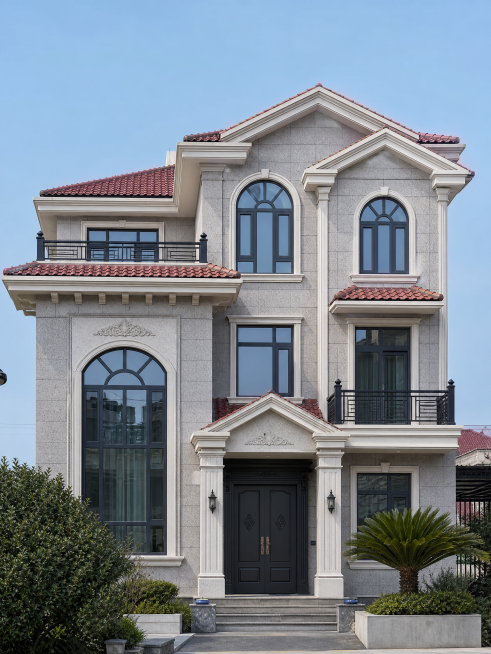 乡村三层欧式别墅外观效果图，水包砂饰面采用DL-005灰麻石颜色，保留理石漆仿石材高质感，建筑写实大气，无畸变，乡村别墅风格，换造型，整体风格协调，立足实际预览效果