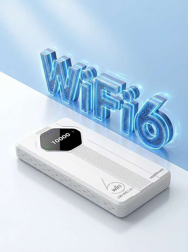 科技感十足的3D轻拟物设计，霓虹蓝光勾勒“WiFi6”字样，金属质感与光影交织，展现未来感与体积感，突显智能设备的高效与时尚。