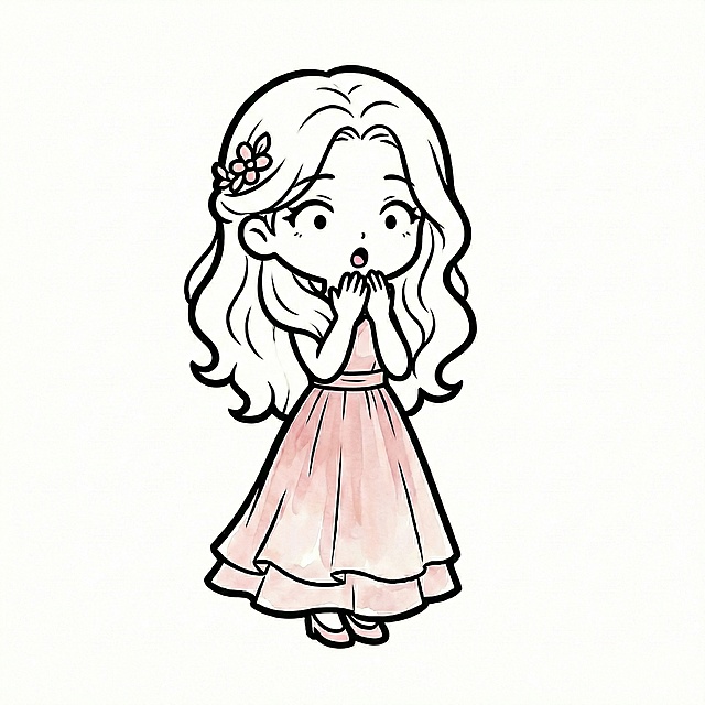 将图中人物的裙子颜色修改为和图1一致的淡粉色水彩风格