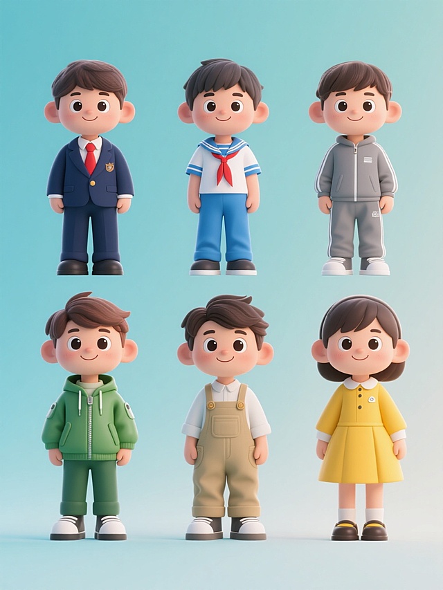 3D风格卡通学生系列素材集合，纯色背景，整体画面色彩变换为清新明亮的多色系搭配，六个相同男孩角色保持原有3D质感、圆润可爱的面部特征、明亮有神的大眼睛、微笑表情及站姿，规整排布成两行三列。每个学生穿着完全不同的校服：第一个穿藏青色西装式校服搭配白色衬衫和红色领带，第二个穿蓝白水手服式校服，第三个穿灰色运动套装式校服，第四个穿卡其色背带裤式校服，第五个穿绿色冲锋衣式校服，第六个穿黄色连衣裙式校服，所有校服均保持3D模型的材质细节和立体感，无LOGO、电话地址及二维码。