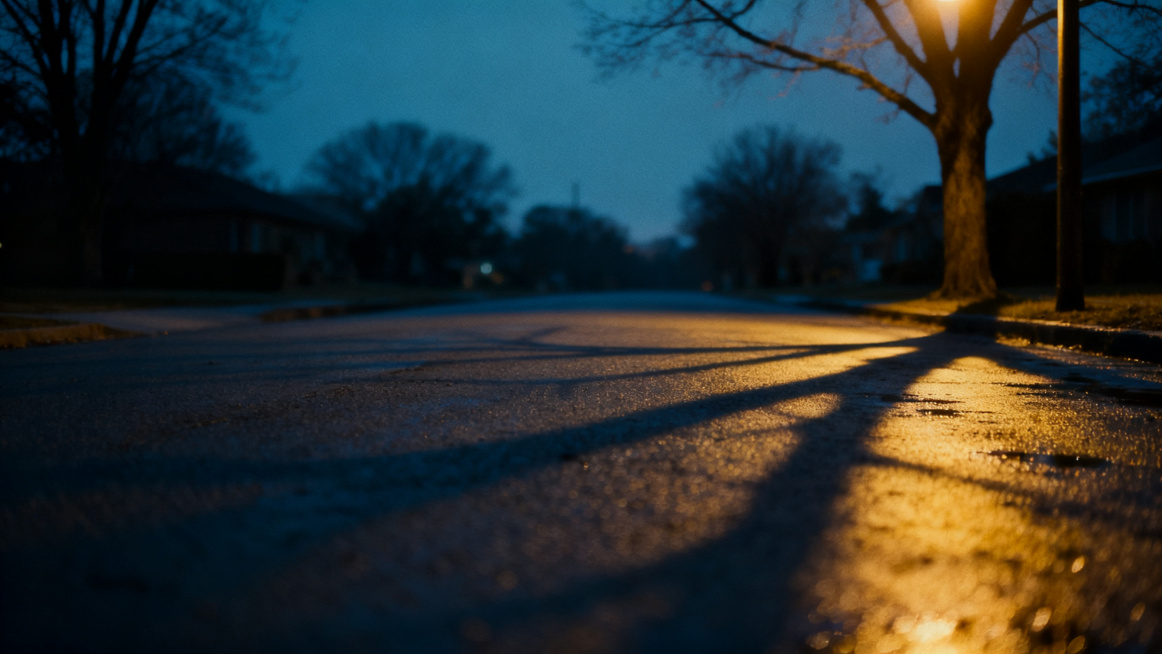 Street scene at dusk, dim streetlight just turned on, long shadows of tree branches cast on the wet预览效果